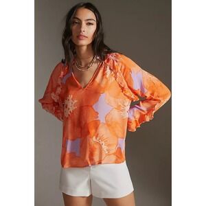 NWT Hutch Anthropologie Multi Floral Peasant Top XS Orange Ruffle Sheer Colorful